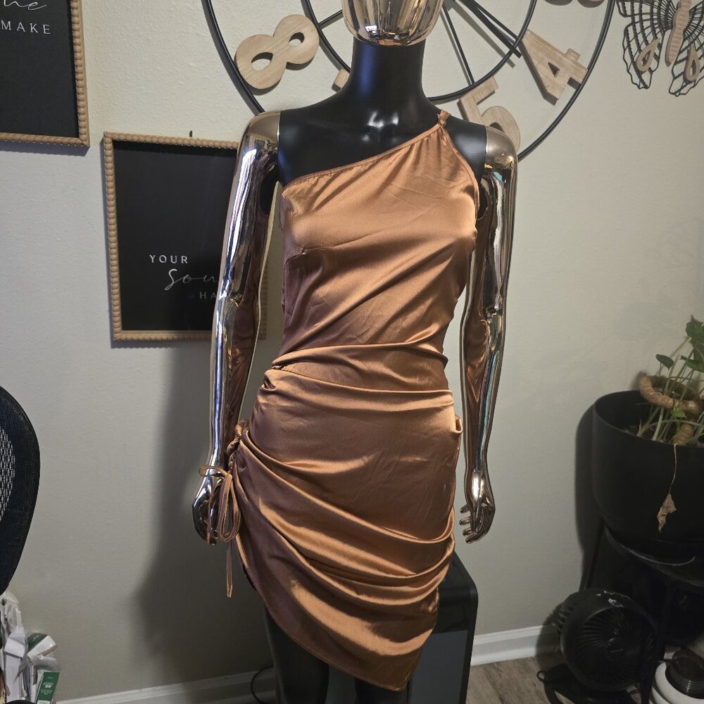 Brown Satin One-Shoulder Ruched Dress | Side Slit | Size Medium